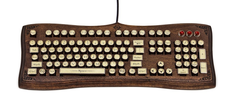 The Diviner Keyboard Datamancer Wooden Steampunk Typewriter Keyboard Mechanical Elegant Victorian Style Acanthus Engraved Carved Walnut image 4