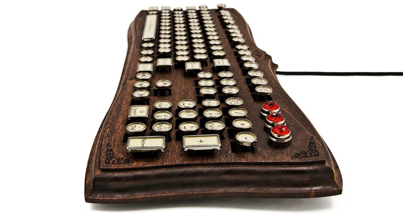 The Diviner Keyboard Datamancer Wooden Steampunk Typewriter Keyboard Mechanical Elegant Victorian Style Acanthus Engraved Carved Walnut image 2