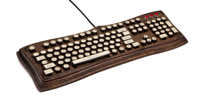 The Diviner Keyboard Datamancer Wooden Steampunk Typewriter Keyboard Mechanical Elegant Victorian Style Acanthus Engraved Carved Walnut image 3