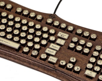 The Diviner Keyboard - Datamancer Wooden Steampunk Typewriter Keyboard Mechanical Elegant Victorian Style Acanthus Engraved Carved Walnut