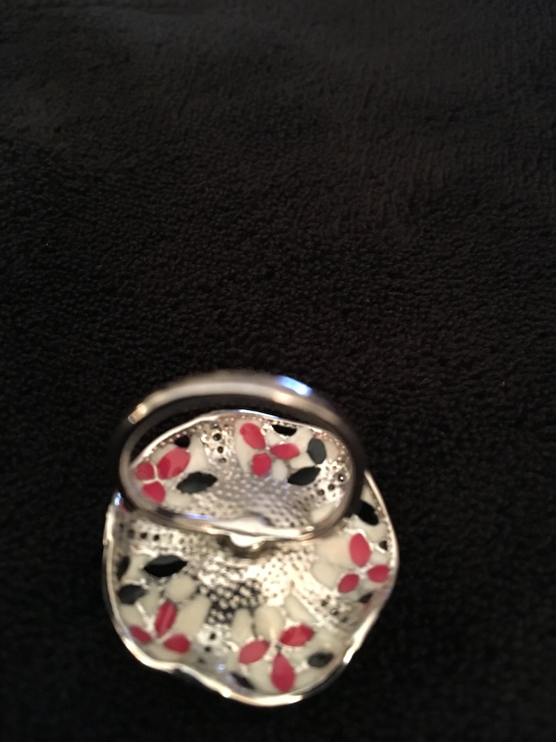 Vintage carved pink flower and enamel statement sterling ring
