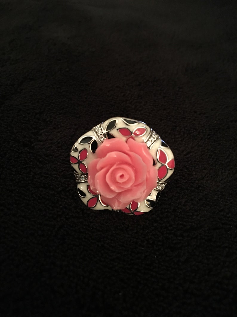 Vintage carved pink flower and enamel statement sterling ring