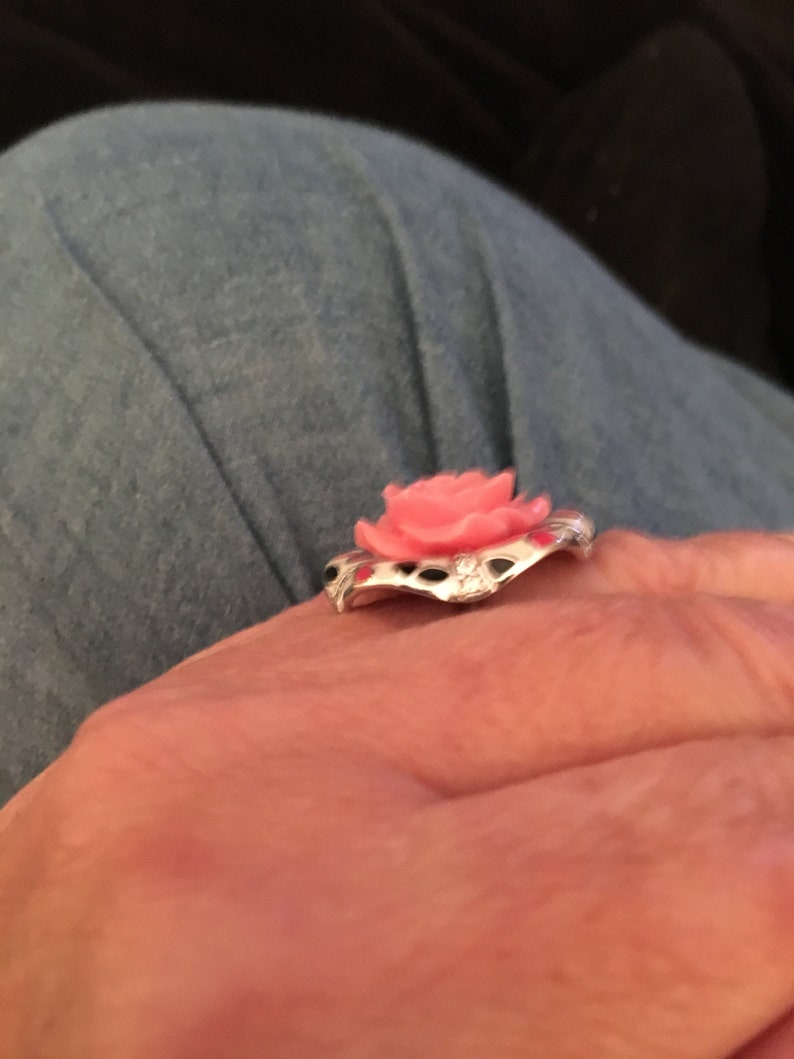 Vintage carved pink flower and enamel statement sterling ring
