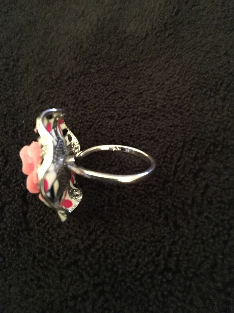 Vintage carved pink flower and enamel statement sterling ring
