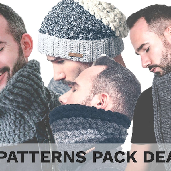 Crochet Pattern Pack with VIDEO tutorials! 2 Cowls, 1 Hat, 1 Scarf. Unisex Crochet Patterns. Men's Crochet Pattern. Slouchy Beanie. Cowl