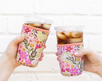 Primrose Petals Drink Sleeve, Iced Coffee Sleeve, Drink Cover, Trendy Gift, Iced Drinks Cooler, Insulated Drink Sleeve, Pink Floral Girly