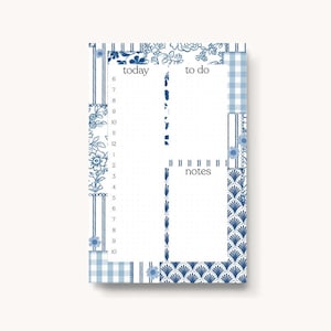 May include: A blue and white patterned notepad with sections labeled "today", "to do", and "notes". The notepad features floral, gingham, and striped designs. The time is marked from 6 AM to 10 PM.