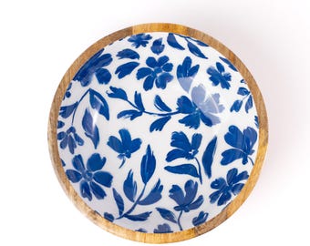 Porcelain Floral Mango Wood Bowl