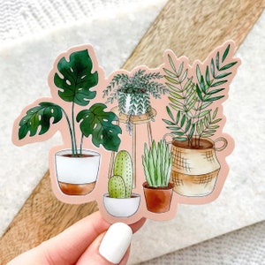 Potted Plants Watercolor with Pink Background Sticker, 3.75x3.25in. image 1