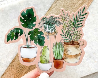 Potted Plants Watercolor with Pink Background Sticker, 3.75x3.25in.