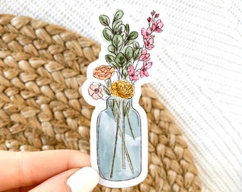 Watercolor Vase Bouquet Sticker, 3.5x1.75in.