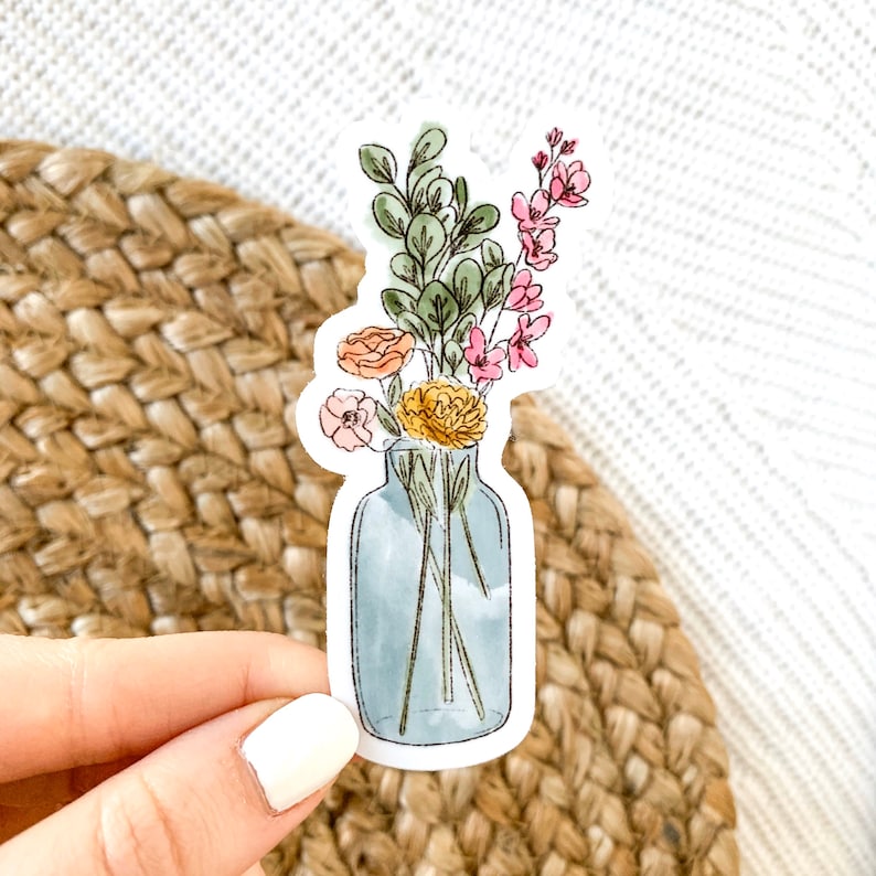 Aquarelle Vase Bouquet Sticker, 3.5x1.75in. image 1