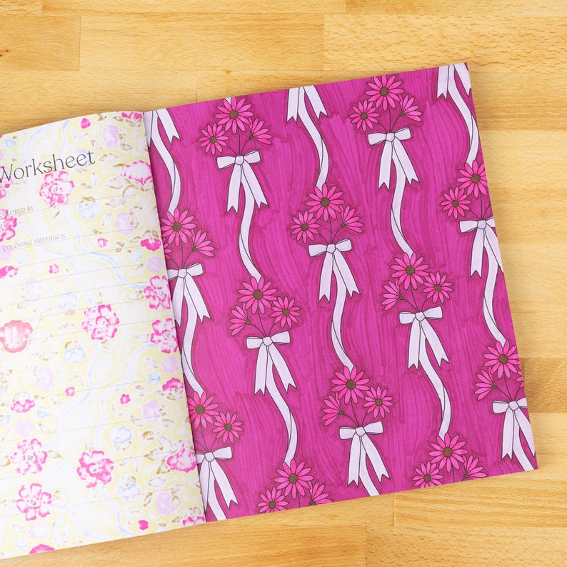 May include: Open coloring book with a pink and white floral pattern on the left page and a repeating pattern of pink flower bouquets with white ribbons on the right page. The word "Worksheet" is visible.