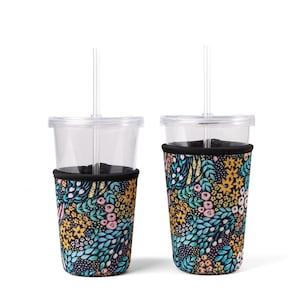 Schwarzer Blumen-Trinkhalter, Eiskaffee-Hülle, Getränkehülle, trendiges Geschenk, eisgekühlter Getränkekühler, Thermo-Trinkhülle, Floral