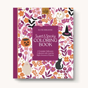 May include: A "Sweet & Spooky Coloring Book" by Elyse Breanne. The cover features a floral design with orange, purple, and white flowers, bats, a jack-o'-lantern, a witch's hat, and a black cat. The book's title is in white text on a purple background.
