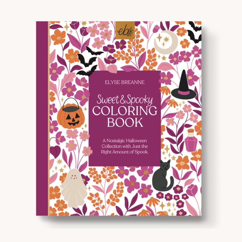 May include: A "Sweet & Spooky Coloring Book" by Elyse Breanne. The cover features a floral design with orange, purple, and white flowers, bats, a jack-o'-lantern, a witch's hat, and a black cat. The book's title is in white text on a purple background.
