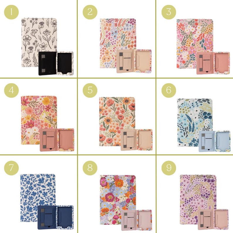 May include: Nine different tablet cases and stands are displayed. Each case features a unique floral pattern in various colors, including pink, blue, and orange. The stands are color-coordinated with the cases, offering a cohesive set for tablet protection and display.