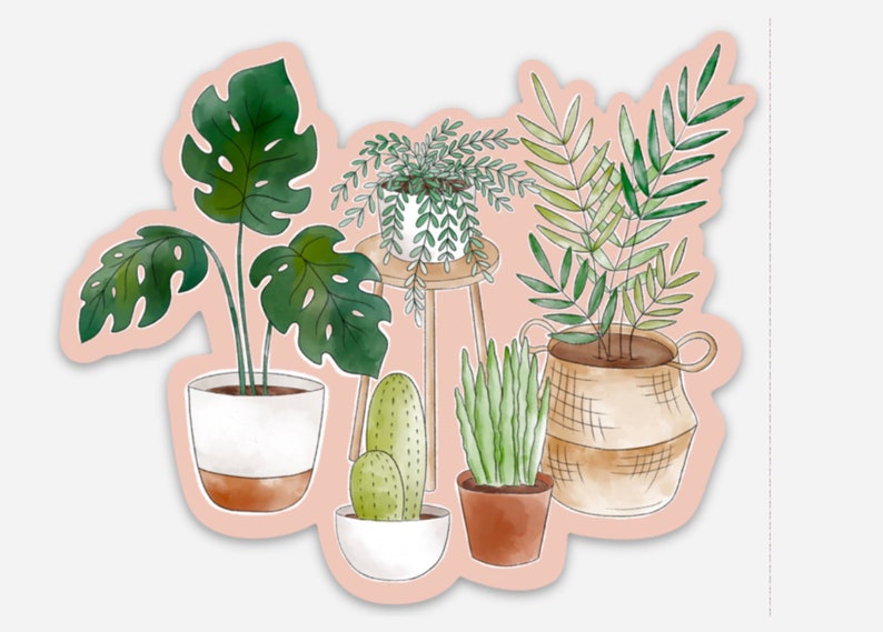 Potted Plants Watercolor with Pink Background Sticker, 3.75x3.25in. image 5
