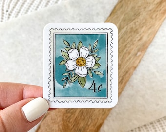 Teal Blue Floral Stamp Sticker, 2x1.75in.