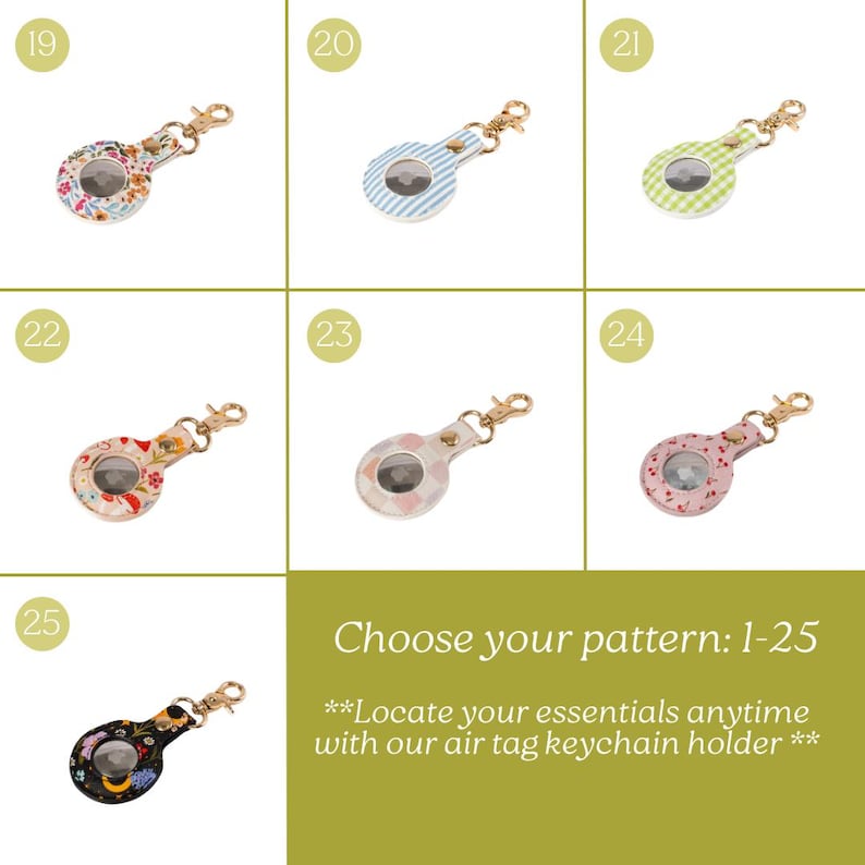 May include: Air tag keychain holders in various patterns. The holders have a gold-colored clasp and a clear window to display the air tag. Patterns include floral, striped, gingham, and heart designs. The text reads "Choose your pattern: 1-25".