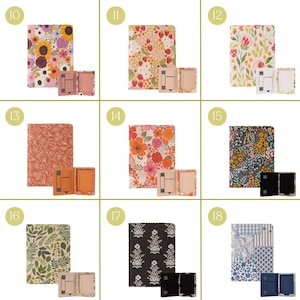 May include: A collection of patterned notebooks and matching phone cases. The notebooks feature floral, botanical, and geometric designs in various colors. The phone cases are designed to hold a phone and have a stand.