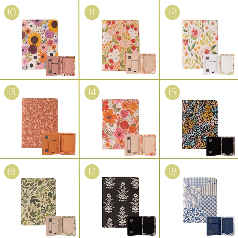 May include: A collection of patterned notebooks and matching phone cases. The notebooks feature floral, botanical, and geometric designs in various colors. The phone cases are designed to hold a phone and have a stand.