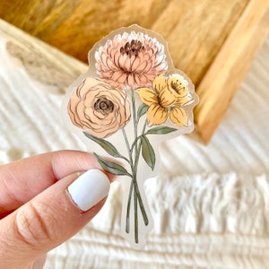 Durchsichtiger Narzissen- und Chrysanthemum-Aufkleber, 7,5 x 5 cm.