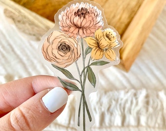 Clear Daffodil and Chrysanthemum Sticker, 3x2 in.