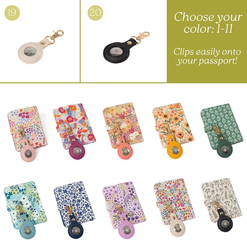 May include: A collection of eleven passport holders featuring various floral and geometric patterns, each paired with a matching circular tracker case. The text reads: Choose your color: 1-11. Clips easily onto your passport!
