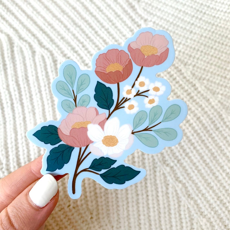 Weiße, rosa und blaue Blumen Sticker 3.5x3in. Bild 1