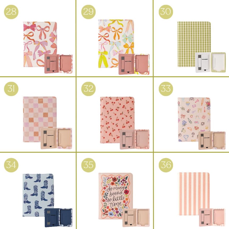May include: A collection of notebooks and matching phone stands. The notebooks feature various patterns, including bows, cherries, gingham, and cowboy boots. One notebook has the text "So many books so little time."