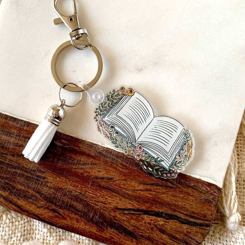 Floral Book Keychain 2.3x2 in. Etsy
