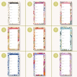 May include: Nine floral weekly meal plan notepads. Each notepad features a different floral border design and a space to write the day of the week and meal plan. The top of each notepad reads "MEAL PLAN".