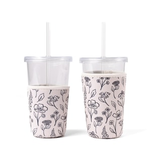 Gepresste Blumengetränkehülle, Eiskaffeehülle, Getränkehülle, trendiges Geschenk, Eisgetränkekühler, isolierte Trinkhülle, Schwarz-Weiß-Blumen
