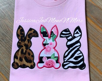 Chemise lapin de Pâques, trio de lapins, léopard, zèbre, motif floral