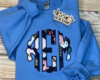 Floral Monogram Sweatshirt, Personalized Crew Neck, Gift For Her
