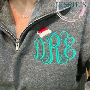 Monogram Quarter Zip Sweatshirt, Christmas Sweatshirt, Monogram Sweater, Christmas Sweater, Christmas Hat, Monogram, Unisex- Quarter Zip
