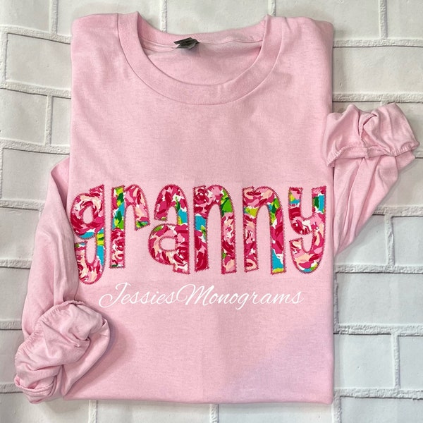 Embroidered Granny Long Sleeve Shirt, Floral Applique, Mother's Day Gift