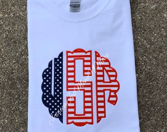 Tee-shirt rayé patriotique - Tee-shirt fête de l'indépendance festonné avec appliqué Tee-shirt patriotique monogrammé-T-shirt adulte ou jeune