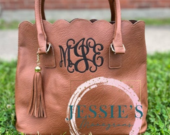 Monogrammed Scalloped Tote-Monogrammed Purse-Scalloped Tote-Scalloped Purse-Faux Leather Tote