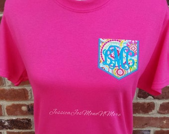 Monogram Pocket T-shirt-Monogram Faux Pocket- Monogram Faux Pocket Short Sleeve T-shirt-Faux Pocket Tee-Bridesmaids Gift