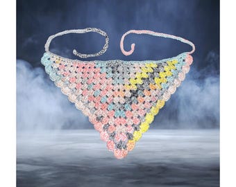 Handmade Pastel Crochet Bandana – Rainbow Triangle Head Scarf – Soft Cotton Granny Square Bandana – Lightweight Festival Hair Wrap