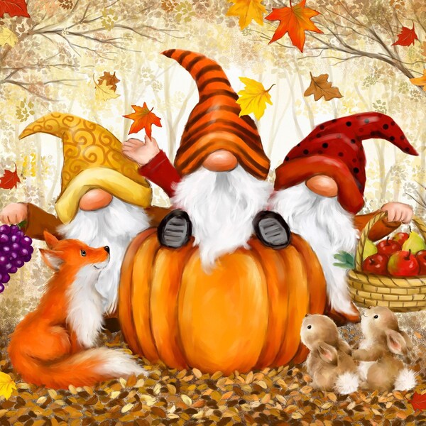 Fall Gnomes Fabric Panel - Quilt Panel - 36” x 44” - Four Seasons by David Textiles - Digital Fabric