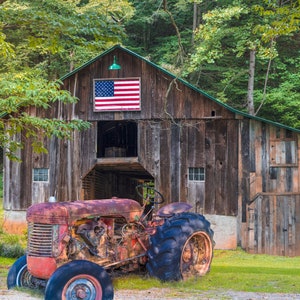 Tractor Fabric Panel - Rusty Tractor - American Flag Fabric Panel - 36” x 44” - Four Seasons by David Textiles - Digital Fabric Panel