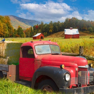 Red Vintage Truck Fabric Panel - Quilt Panel - 36” x 44” - Four Seasons by David Textiles - Digital Fabric