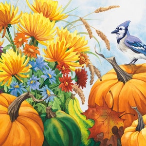 Fall Pumpkin Fabric Panel - Autumn Fabric panel - Blue Jay Fabric Panel - Quilt Panel - Four Seasons by David Textiles - Digitally Printed