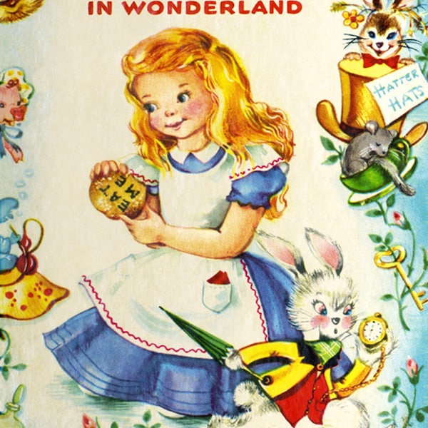 Vintage Storybook Alice in Wonderland Fabric Panel - 36” x 44” - Four Seasons by David Textiles