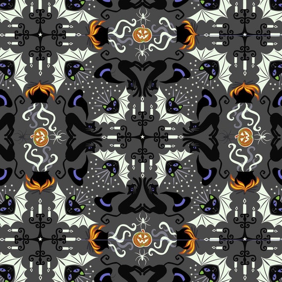 Grey Glow in the Dark Hats Cats and Bats Fabric Haunted Etsy