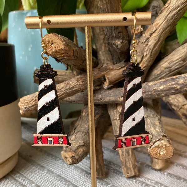 Cape Hatteras Lighthouse Earrings, Wood Earring, Summer, North Carolina Earrings, Statement, Beach, Vacation