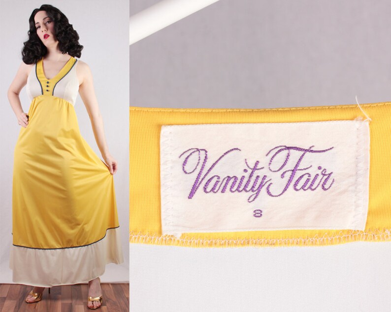 70s Yellow and Blue Peignoir by Vanity Fair princess dapper day Disney bound cosplay bright bold glamour puff sleeves front zip 28 Waist